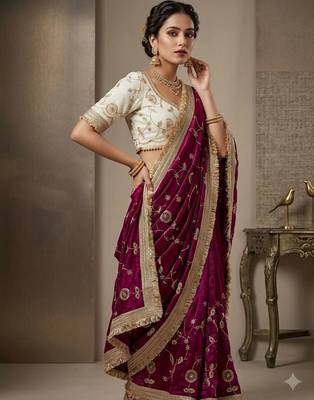 purple floral zari satin designer saree 3