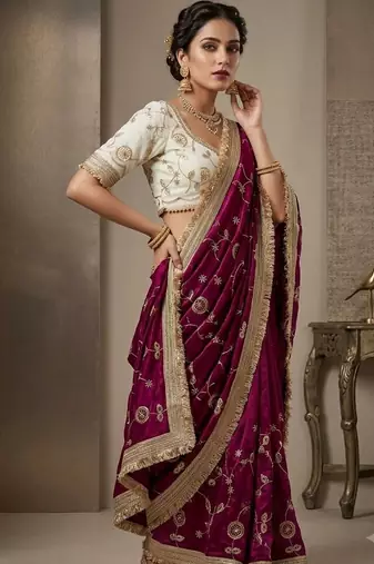 purple floral zari satin designer saree