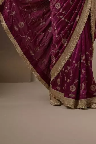 purple floral zari satin designer saree