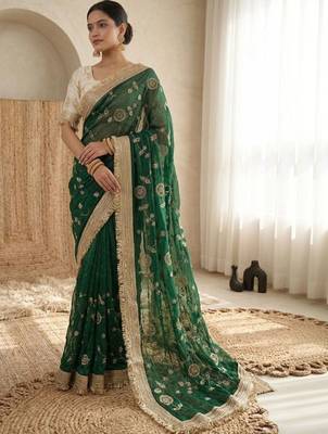 green floral zari satin designer saree 1