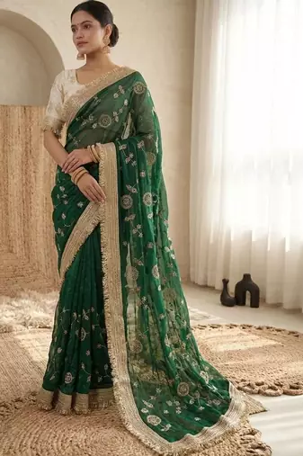 green floral zari satin designer saree