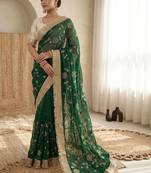 green floral zari satin designer saree