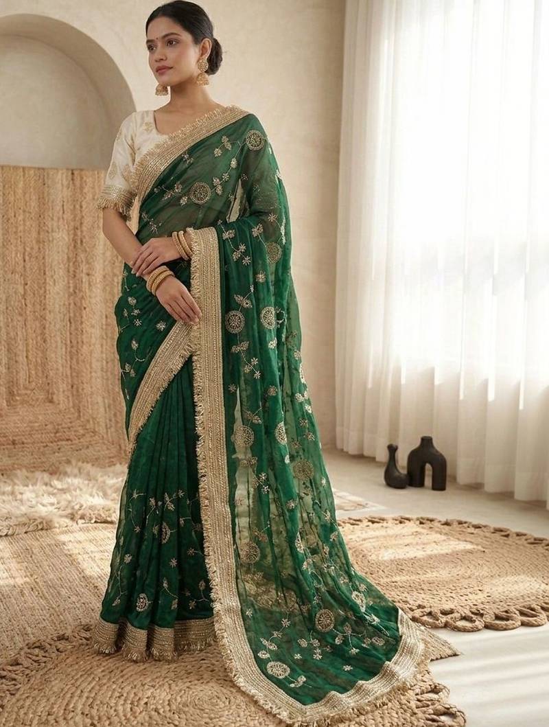 green floral zari satin designer saree