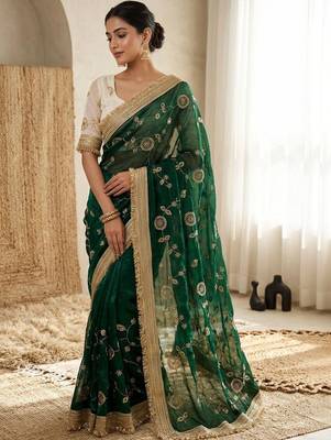 green floral zari satin designer saree 2