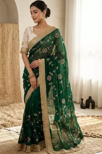 green floral zari satin designer saree