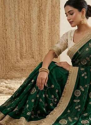green floral zari satin designer saree 3