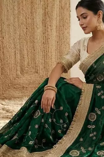 green floral zari satin designer saree