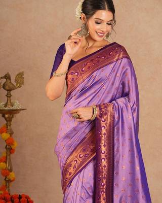 Purple woven design zari silk blend paithani saree 1