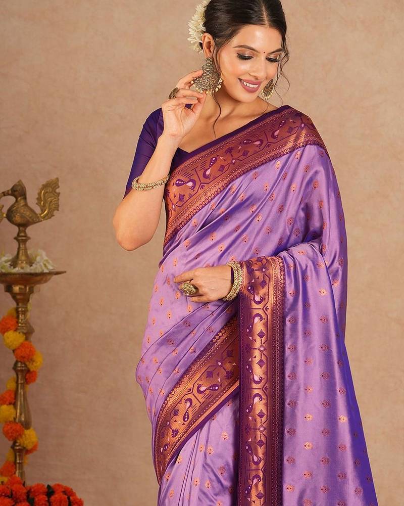 Purple woven design zari silk blend paithani saree