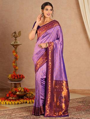 Purple woven design zari silk blend paithani saree 2