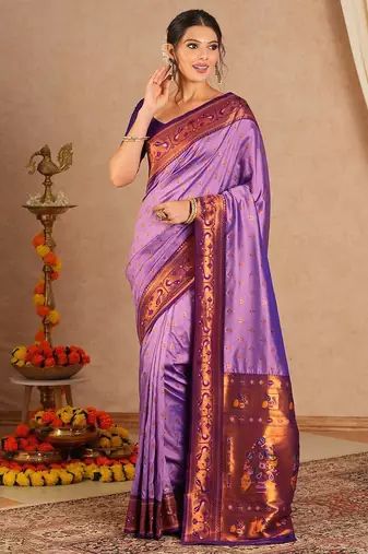 Purple woven design zari silk blend paithani saree