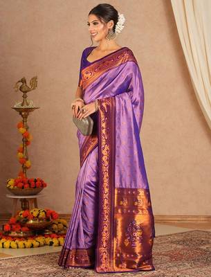 Purple woven design zari silk blend paithani saree 3
