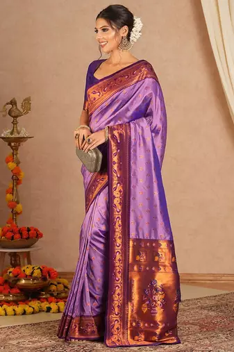 Purple woven design zari silk blend paithani saree
