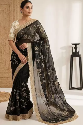 black floral embroidered satin designer saree