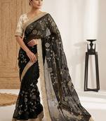 black floral embroidered satin designer saree