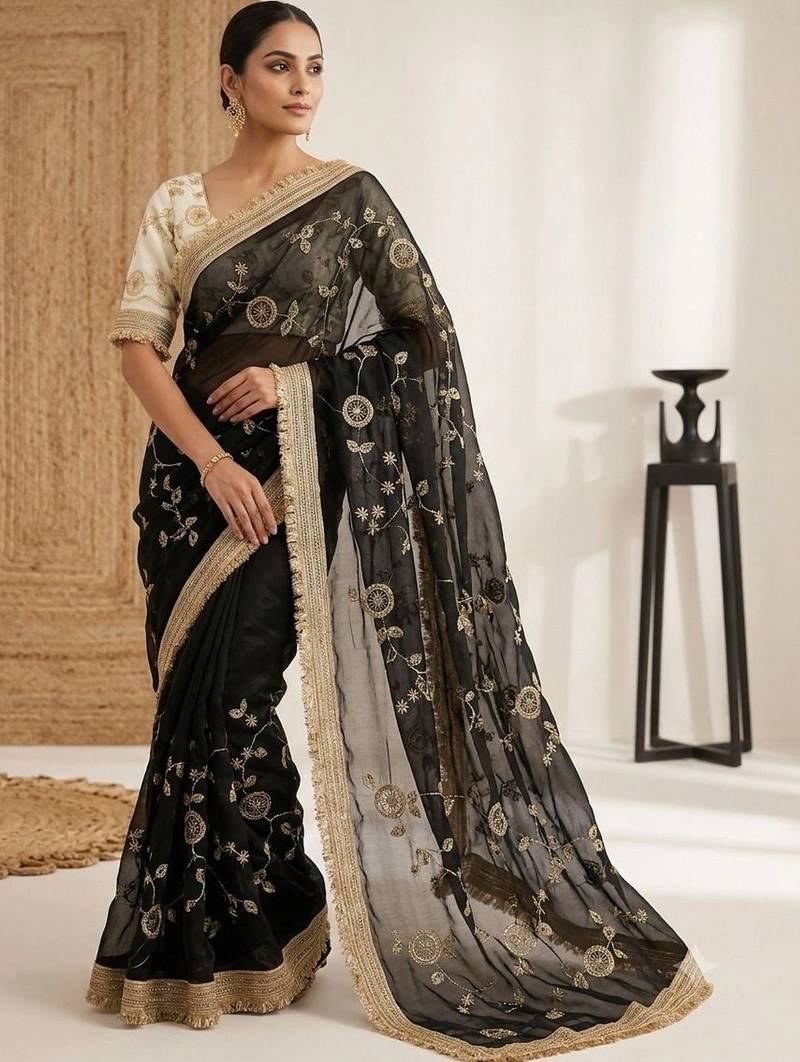 black floral embroidered satin designer saree
