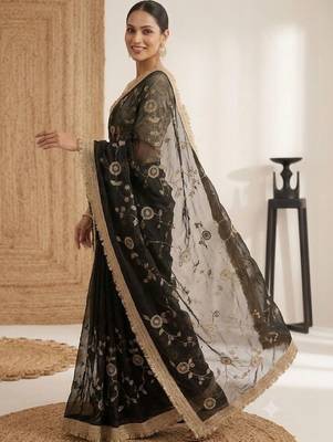 black floral embroidered satin designer saree 2