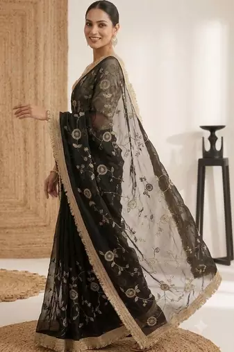 black floral embroidered satin designer saree