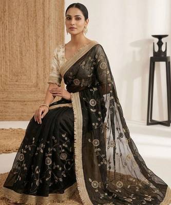black floral embroidered satin designer saree 3