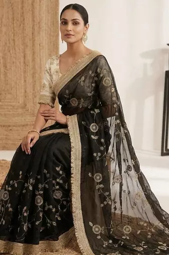 black floral embroidered satin designer saree