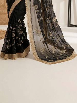 black floral embroidered satin designer saree 4