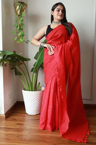 red cotton blend khadi saree with blouse