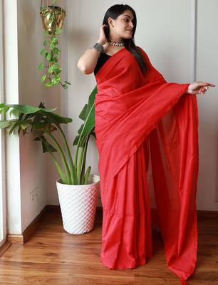 red cotton blend khadi saree with blouse 2