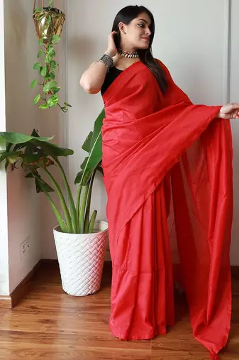 red cotton blend khadi saree with blouse