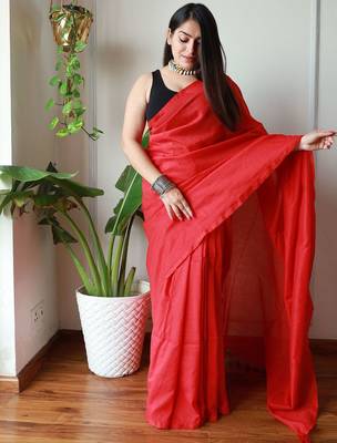 red cotton blend khadi saree with blouse 3