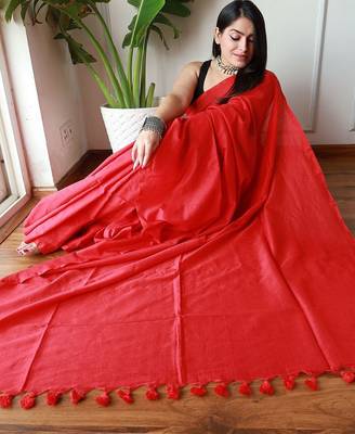 red cotton blend khadi saree with blouse 4
