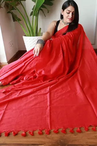 red cotton blend khadi saree with blouse