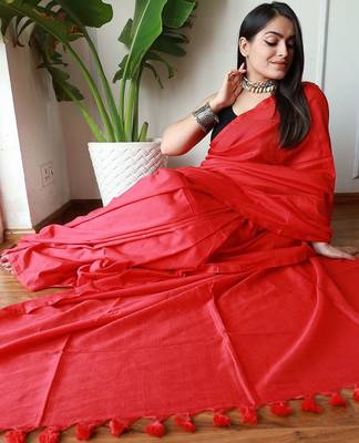 red cotton blend khadi saree with blouse 5
