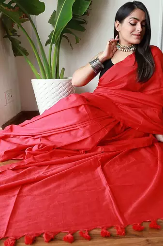 red cotton blend khadi saree with blouse