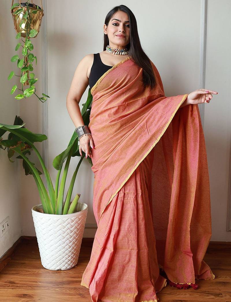 peach cotton blend khadi saree