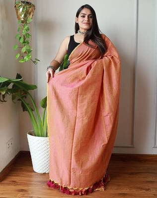peach cotton blend khadi saree 3