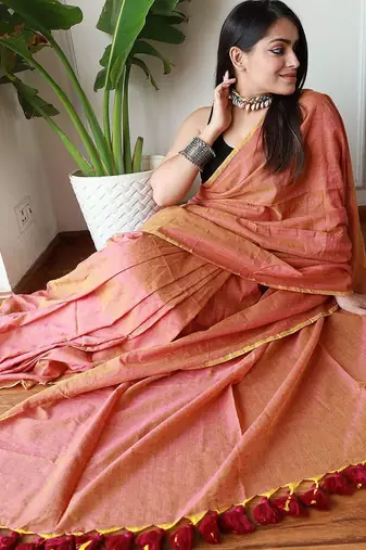 peach cotton blend khadi saree