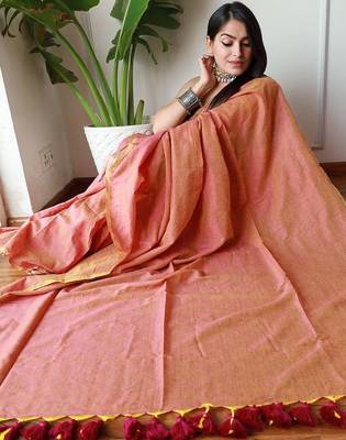 peach cotton blend khadi saree 5