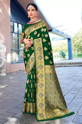green ethnic motifs woven design zari art silk blend banarasi saree