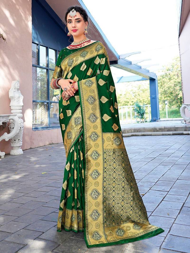 green ethnic motifs woven design zari art silk blend banarasi saree