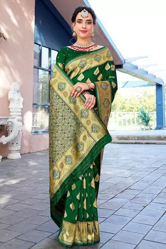 green ethnic motifs woven design zari art silk blend banarasi saree