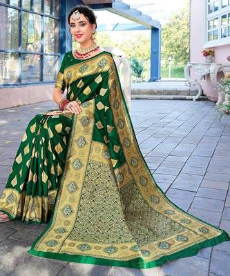 green ethnic motifs woven design zari art silk blend banarasi saree 3