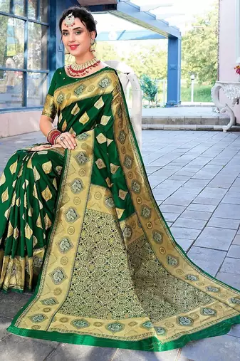 green ethnic motifs woven design zari art silk blend banarasi saree
