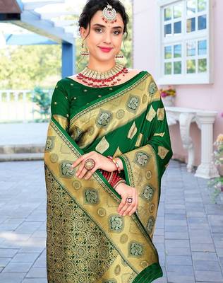 green ethnic motifs woven design zari art silk blend banarasi saree 4