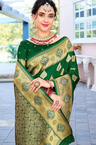green ethnic motifs woven design zari art silk blend banarasi saree