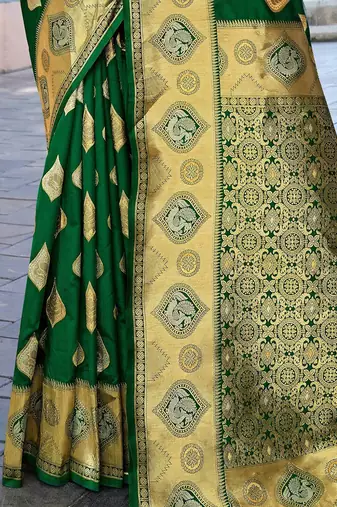 green ethnic motifs woven design zari art silk blend banarasi saree