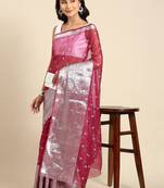magenta & silver-toned floral embroidered sequin organza saree