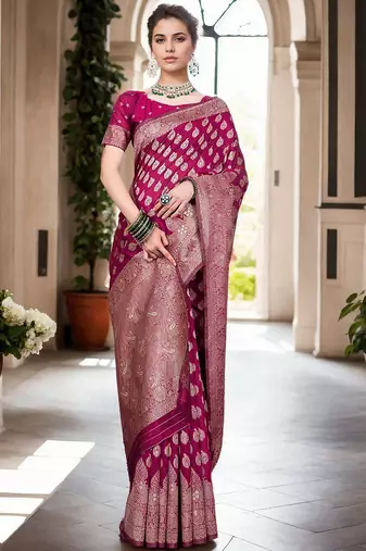 magenta woven design zari organza banarasi saree
