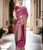 magenta woven design zari organza banarasi saree
