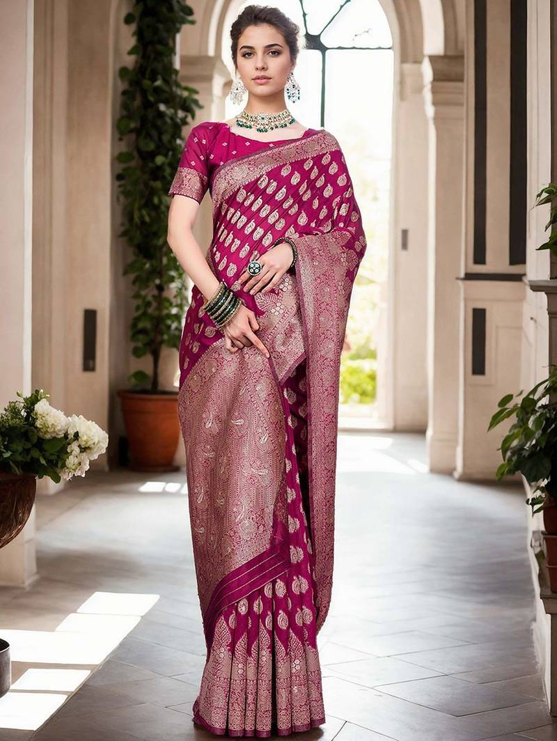 magenta woven design zari organza banarasi saree
