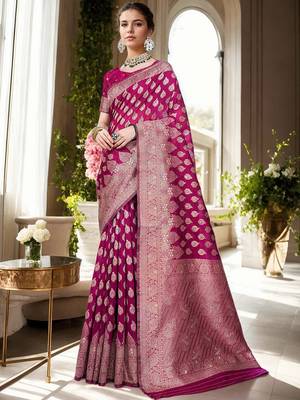 magenta woven design zari organza banarasi saree 2